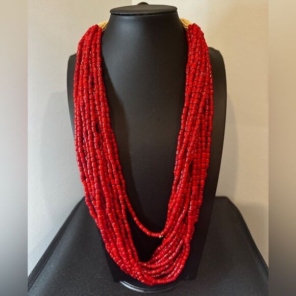 24" and 15 strands of "red coral" glass beads with 1950 Anna coin clasp! - Picture 1 of 17